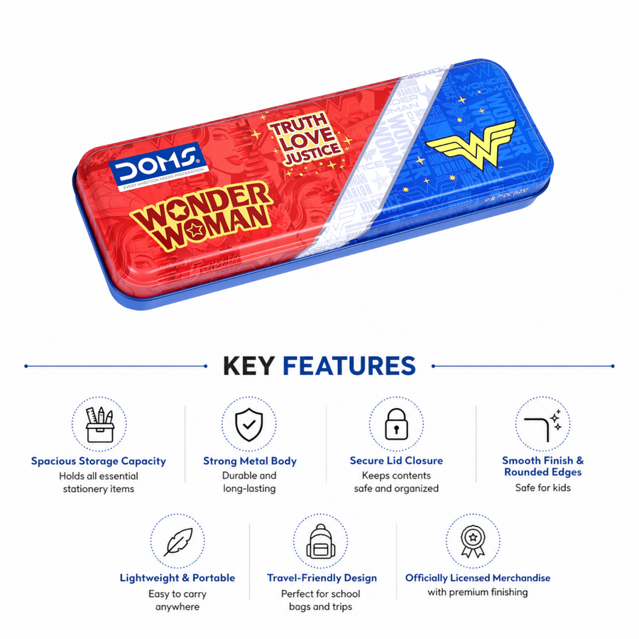 DOMS Wonder Woman Tin Box – Premium Metal Pencil Box with Double Tray | Durable Superhero Storage Case for Kids | Spacious & Travel-Friendly Organizer | Official licensed Merchandise