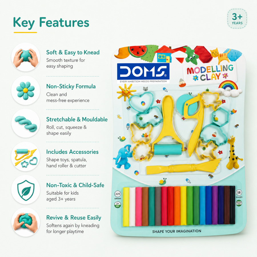 DOMS Modelling Clay 18 Shades (225g) with Tools | Soft Non-Toxic Colour Clay Set for Kids Art & Craft