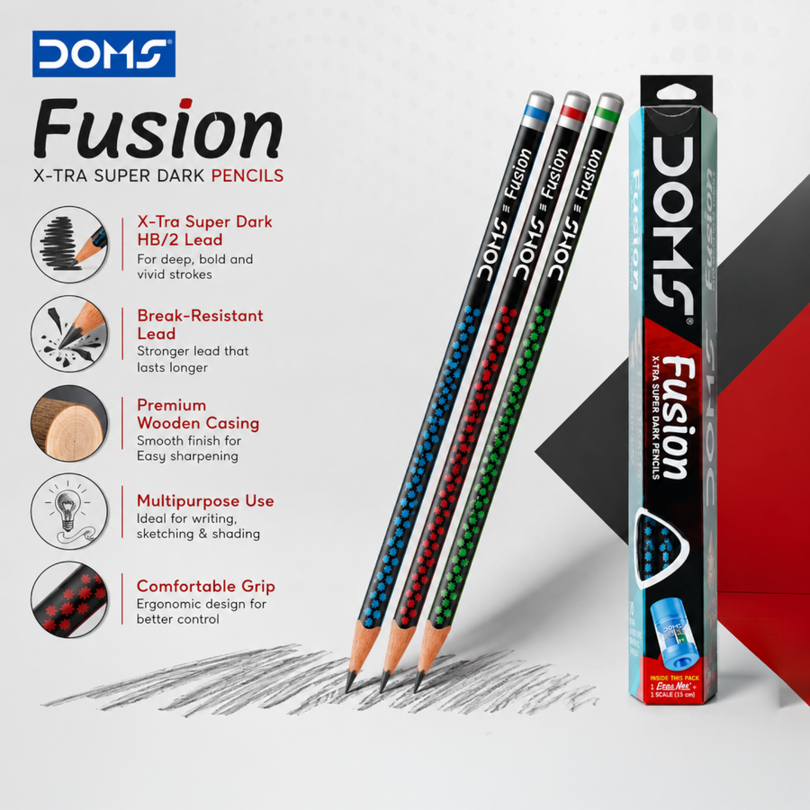 DOMS Fusion Graphite Pencils | X-Tra Super Dark | Smooth Writing | Break-Resistant Lead with Eraser & Sharpener