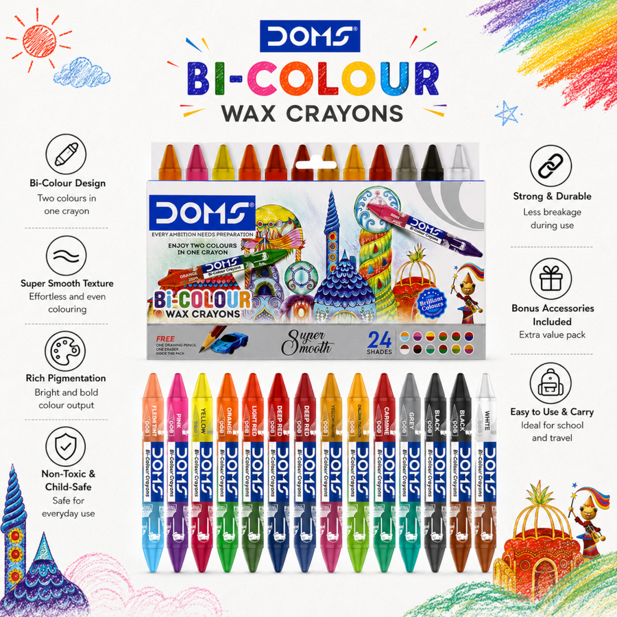 DOMS Bi-Colour Wax Crayons – 12 Crayons (24 Shades) | Dual Colour Super Smooth Crayons for Kids