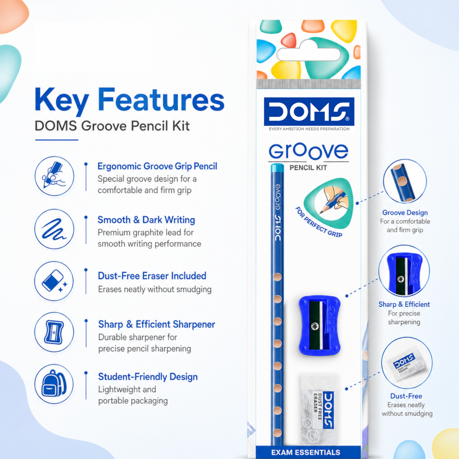 DOMS Groove Pencil Kit – Exam Essentials Stationery Set with Pencil, Eraser & Sharpener | Ergonomic Grip Writing Kit for Students