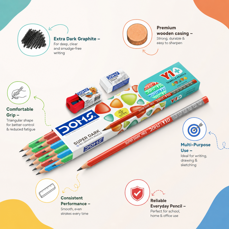 DOMS Y1+ Graphite Pencil | Extra Dark Writing | Smooth Performance | Durable & Easy to Sharpen