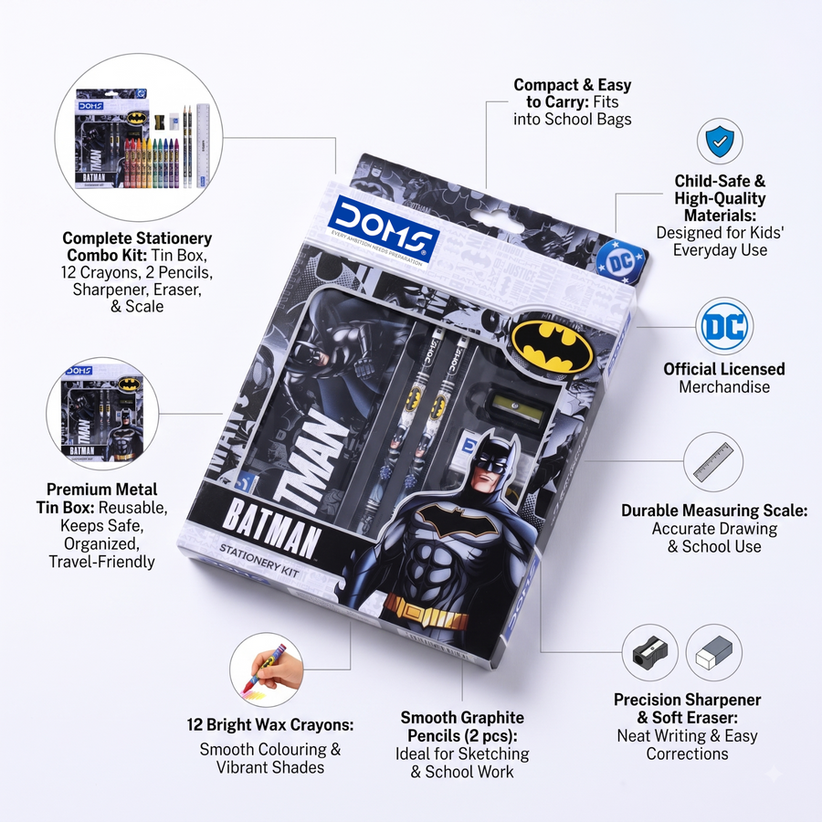 DOMS Batman Stationery Kit with Metal Tin Box – Kids School Kit with 12 Wax Crayons, Pencils, Sharpener, Eraser & Scale | DC Superhero Gift Set