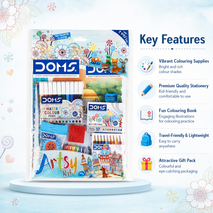 DOMS Artsy Art & Craft Kit for Kids – Complete Creative Stationery Set with Colour Pencils, Wax Crayons, Water Colour Pens, Modelling Clay & Colouring Book