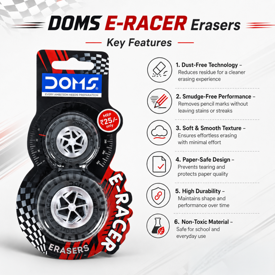 DOMS E RACER Eraser | Premium Smudge-Free Pencil Eraser | Dust-Free, Non-Toxic School & Office Stationery for Clean Erasing