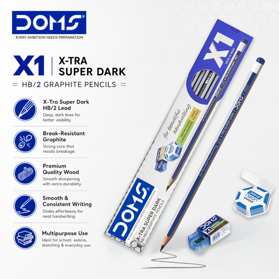 DOMS X1 Graphite Pencils | X-Tra Super Dark | Smooth Writing | Break-Resistant Lead | School & Office Use