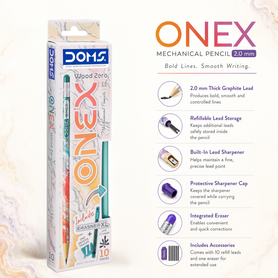 DOMS ONEX Wood Zero 2.0 mm Mechanical Pencil with Built-In Sharpener, Eraser & Refill Leads