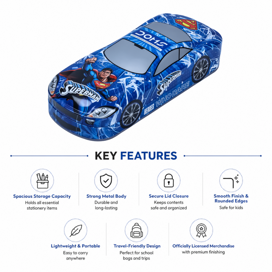 DOMS Superman Car Tin Box – Premium Metal Pencil Box with Double Tray | Durable Superhero Storage Case for Kids | Spacious & Travel-Friendly Organizer | Official licensed Merchandise