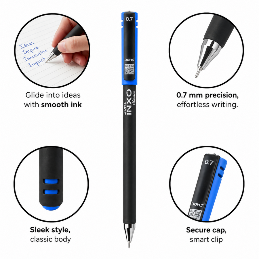 DOMS INXO Classic Ball Pen Jar Pack – 0.7mm Smooth Writing Pens | Jar of 10 pens | Available in Blue Ink Colour | Bulk Storage Bottle | ULV Ink Technology