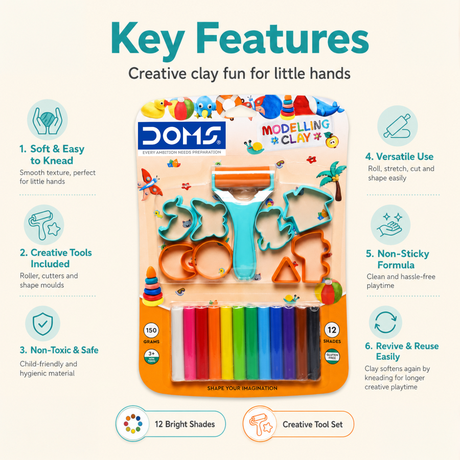 DOMS Modelling Clay Set 12 Shades – Non-Toxic Soft Clay for Kids | Multi-Color Creative Clay Kit with Tools | DIY Art & Craft Clay