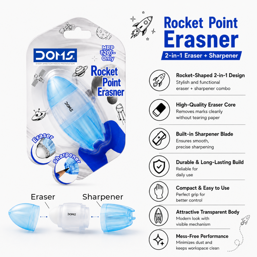 DOMS Rocket Point Erasner – 2-in-1 Eraser with Built-in Sharpener | Precision Erasing & Smooth Sharpening | Perfect for Students