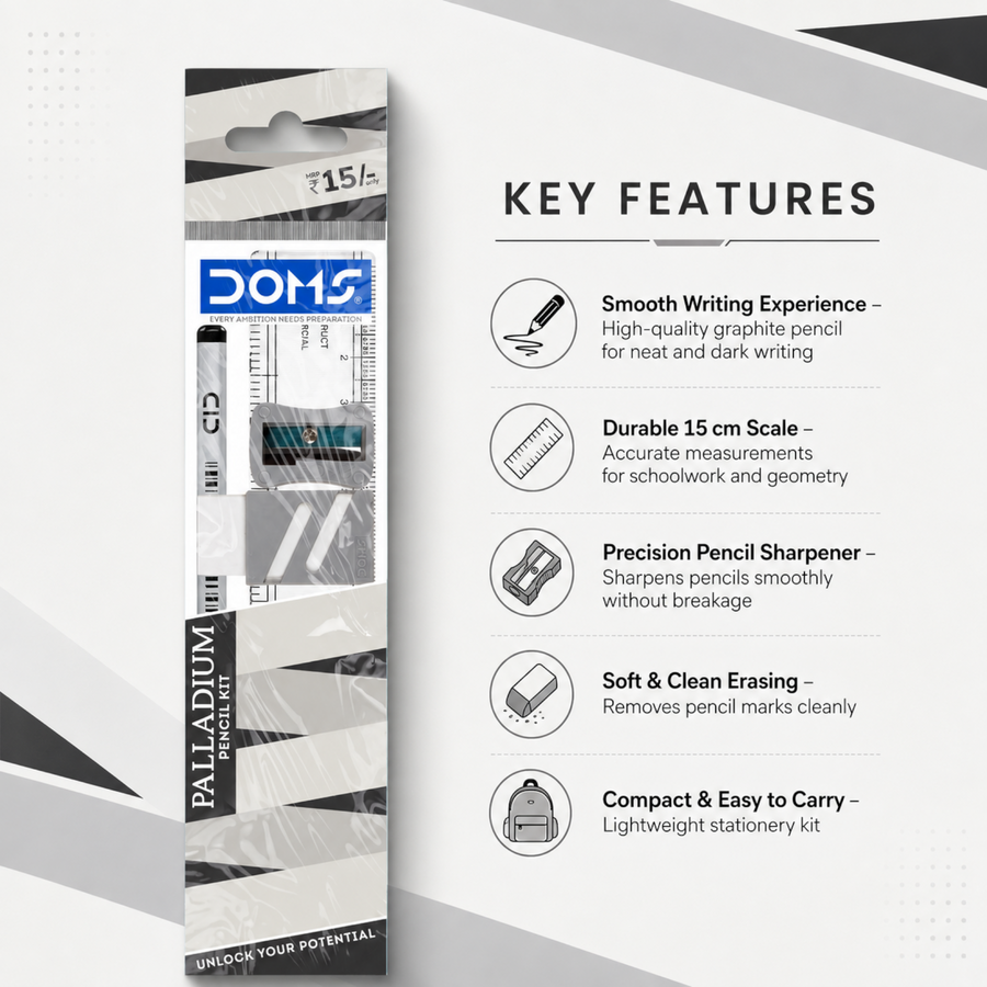 DOMS Palladium Pencil Kit – Premium Stationery Set with Pencil, Scale, Sharpener & Eraser for School, Drawing & Exam Use
