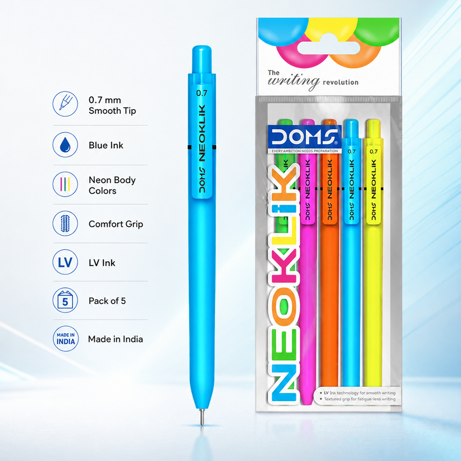 DOMS NEOKLIK Ball Pen 0.7 mm – Smooth Blue Ink Pens | Pack of 5 Multicolor Body Pens for School, Office & Daily Writing
