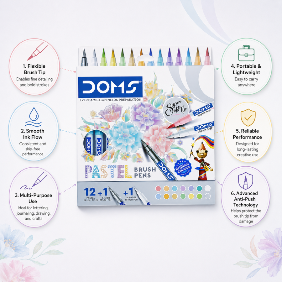 DOMS Pastel Brush Pen Set – Soft Color Flexible Tip Pens for Calligraphy, Journaling & Creative Art