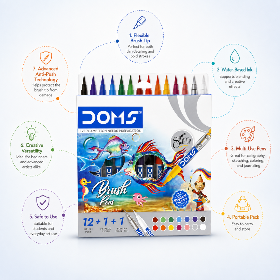 DOMS Brush Pens 13+1 Colors – Fine & Bold Stroke Pens for Calligraphy and Sketching