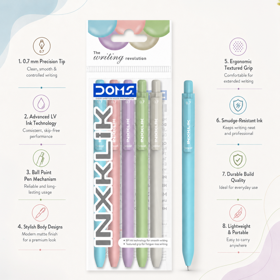DOMS INXKLIK Ball Pens Pack – 0.7mm Smooth Writing Pens | Pack of 5 Pens | Premium Matte Finish | Available in Blue, Black & Red Ink | Stylish Ball Point Pens for School & Office