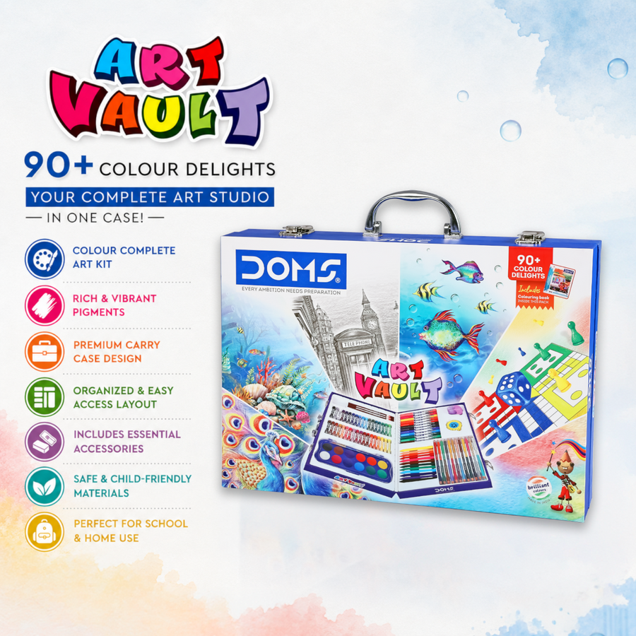 DOMS Art Vault Kit | Colour Art Set with Oil Pastels, Crayons, Sketch Pens, Water Colours & Drawing Tools | Premium Kids Art Kit with Carry Case