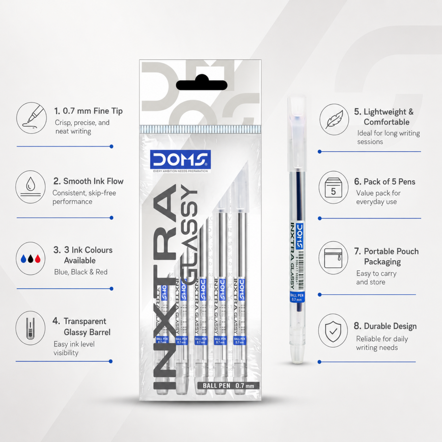 DOMS INXTRA Glassy Ball Pens Pack of 5 – 0.7mm Smooth Writing Pens with Transparent Barrel | Blue, Black & Red Ink