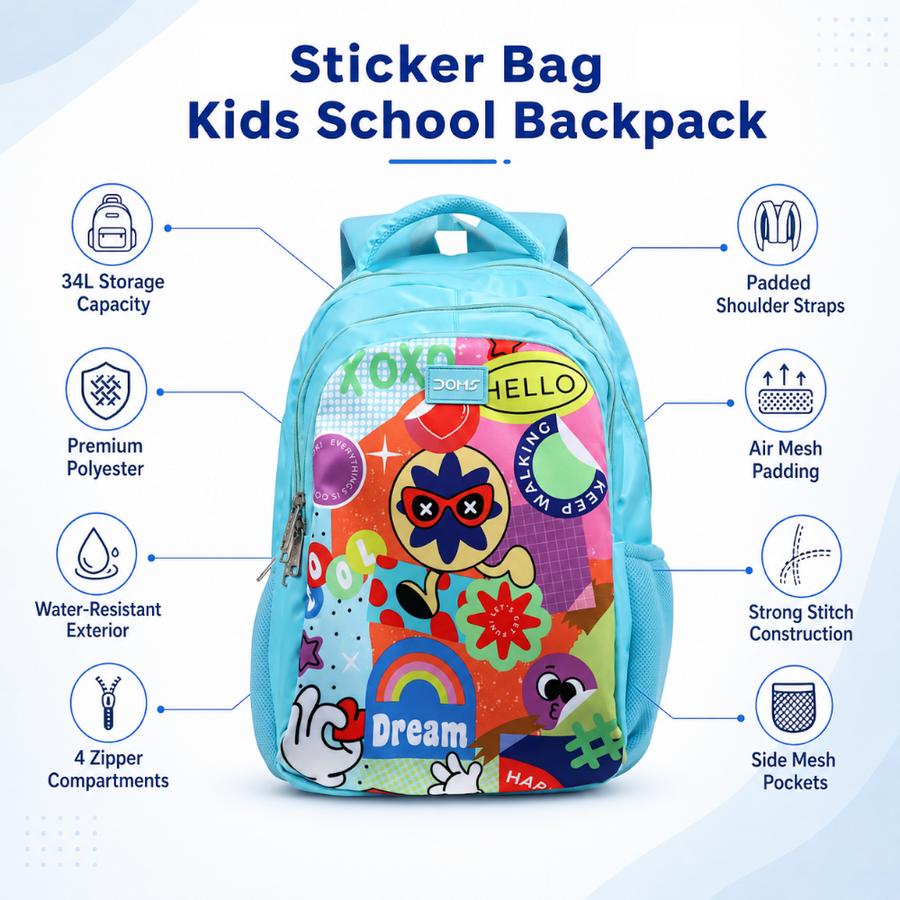 DOMS Sticker Bag Kids School Backpack – Lightweight Water-Resistant | Graphic Theme Bag (34L)
