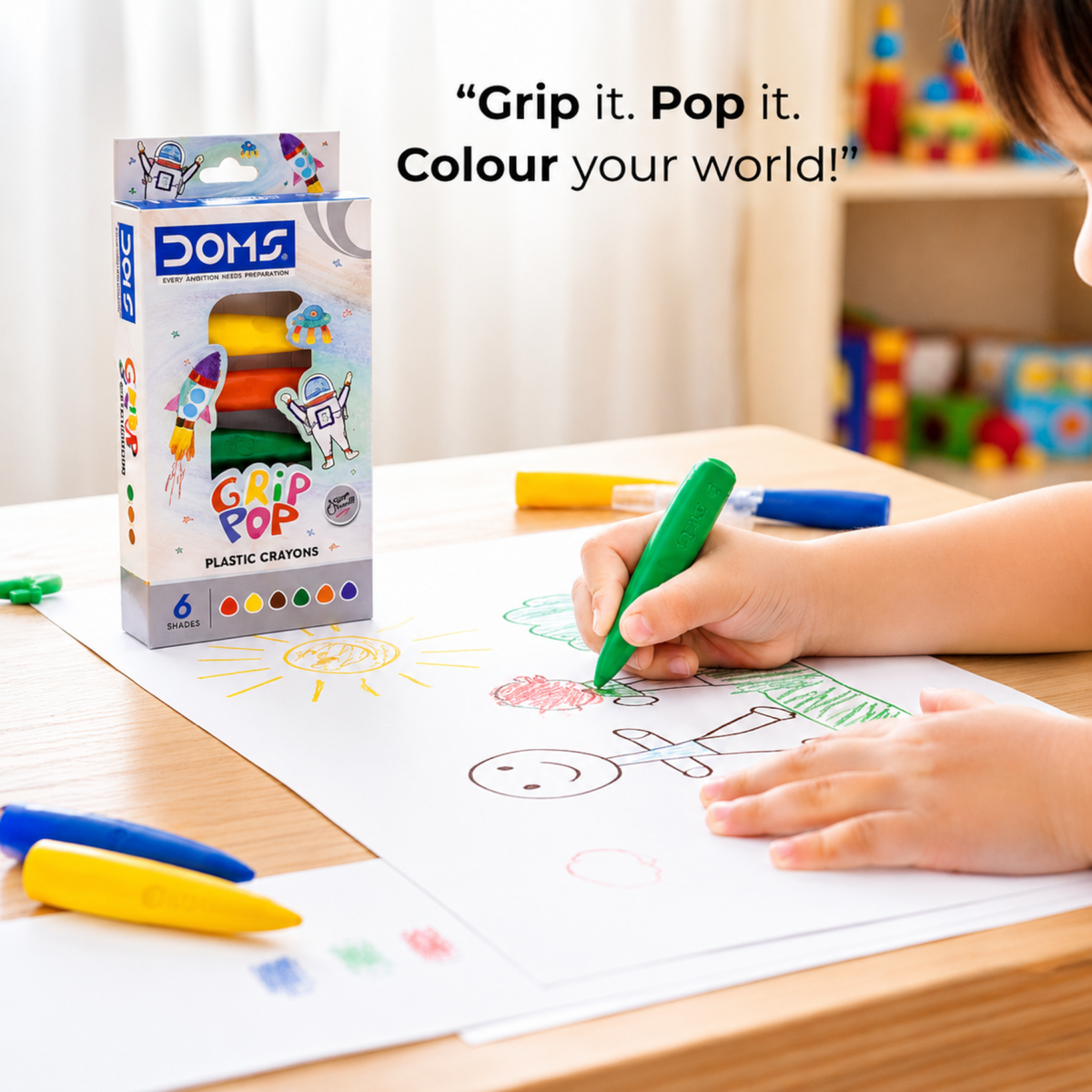 DOMS GRIP POP Plastic Crayons Set for Kids | Non-Toxic Jumbo Grip Coloring Crayons | Vibrant, Smooth & Break-Resistant Art Drawing Kit