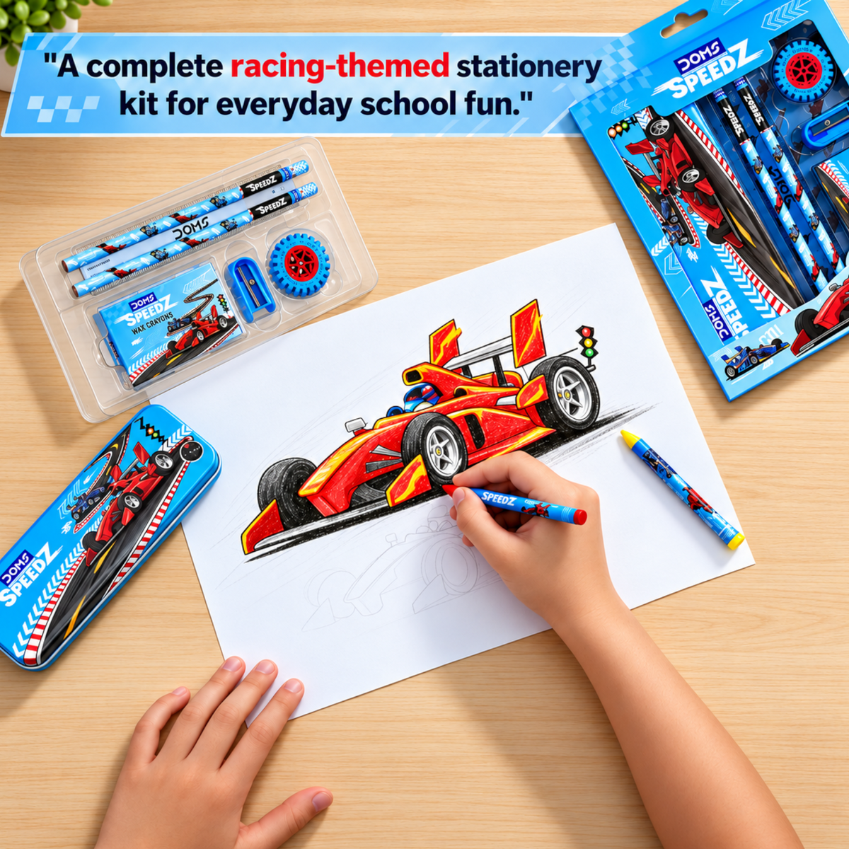 DOMS Speedz Kit Kids Stationery Set with Pencil Box, Wax Crayons, Pencils, Eraser, Sharpener & Scale | Complete School Kit
