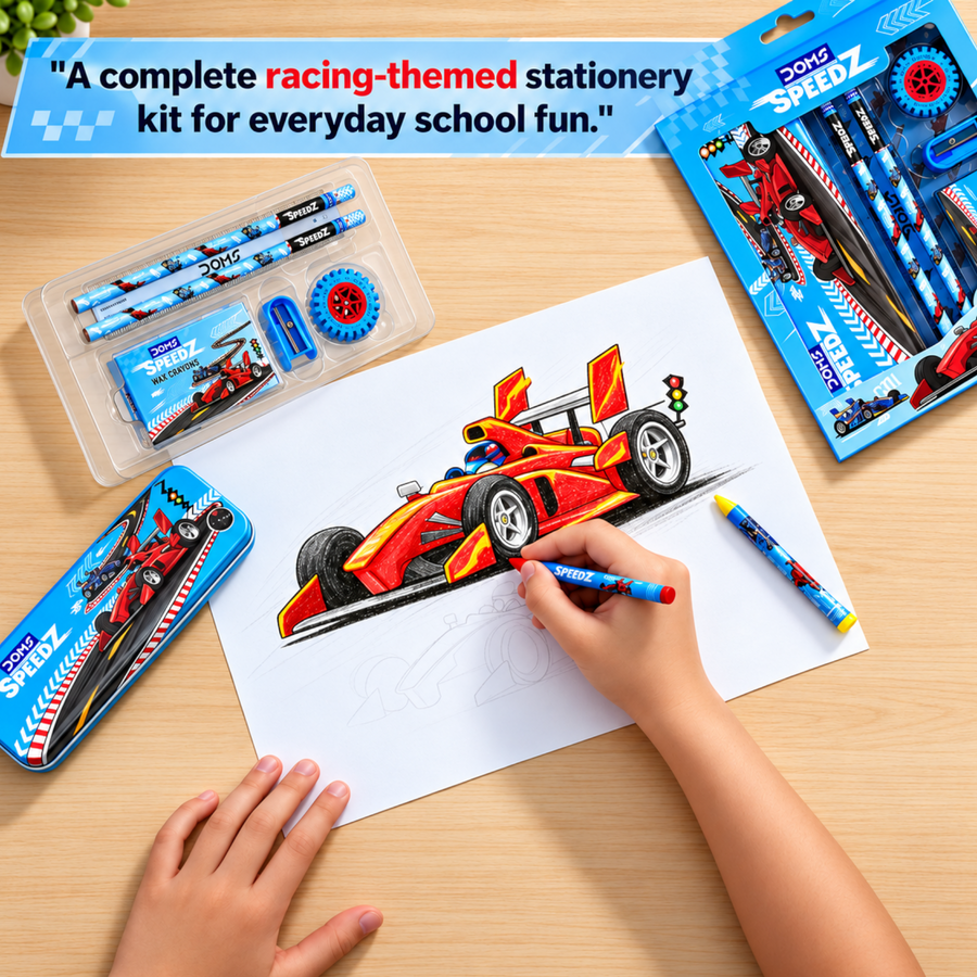 DOMS Speedz Kit Kids Stationery Set with Pencil Box, Wax Crayons, Pencils, Eraser, Sharpener & Scale | Complete School Kit