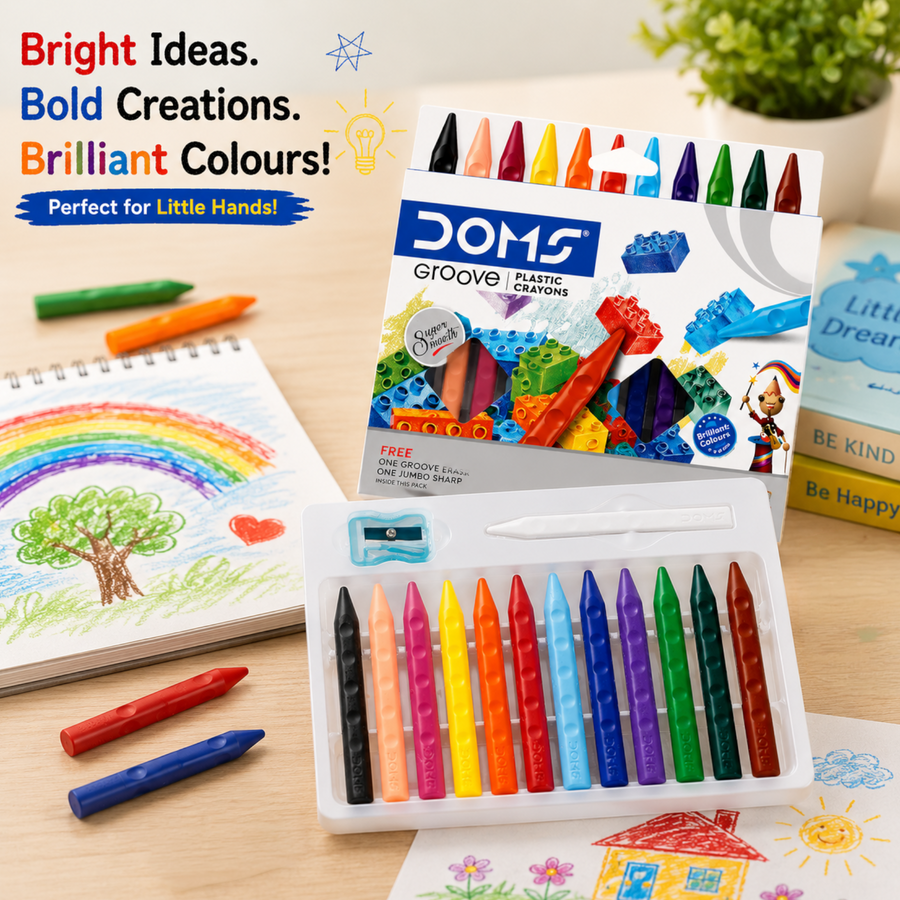 DOMS Groove Plastic Crayons – 12 Shades Erasable & Sharpenable Crayons with Grip Design | Smooth Colouring for Kids