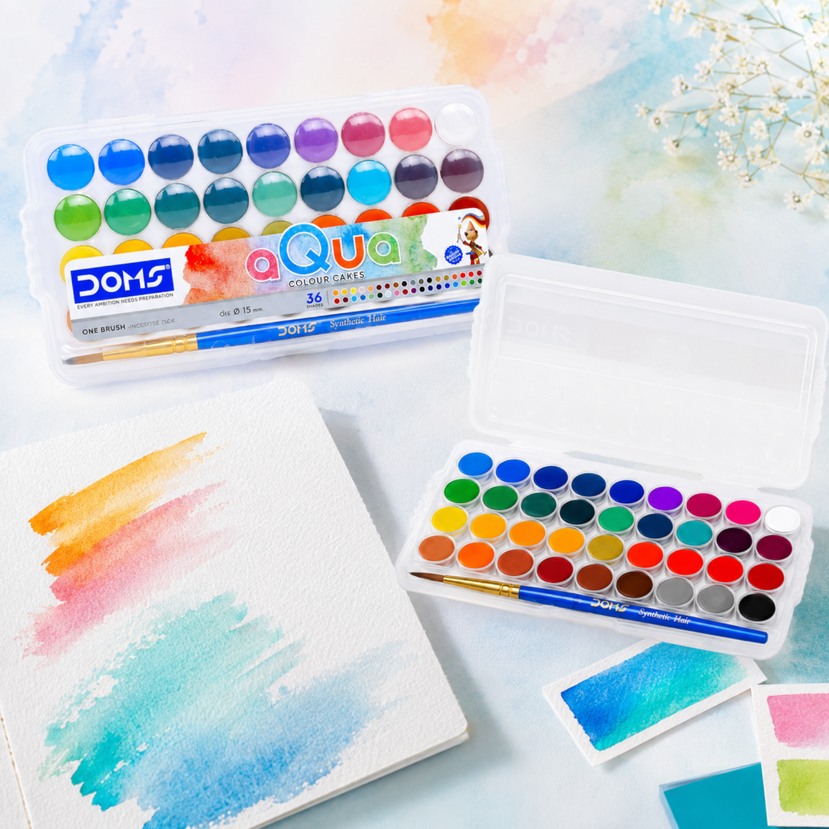 DOMS Aqua Colour Cakes 36 Shades (15 mm) with Brush | Premium Watercolour Palette for Students & Artists