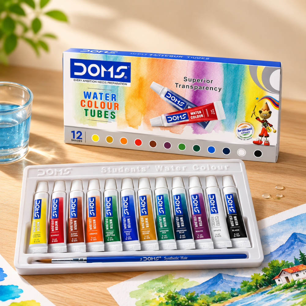 DOMS Water Colour Tubes (12 Shades) with Synthetic Brush | Rich Pigment Watercolors for Students & Beginners