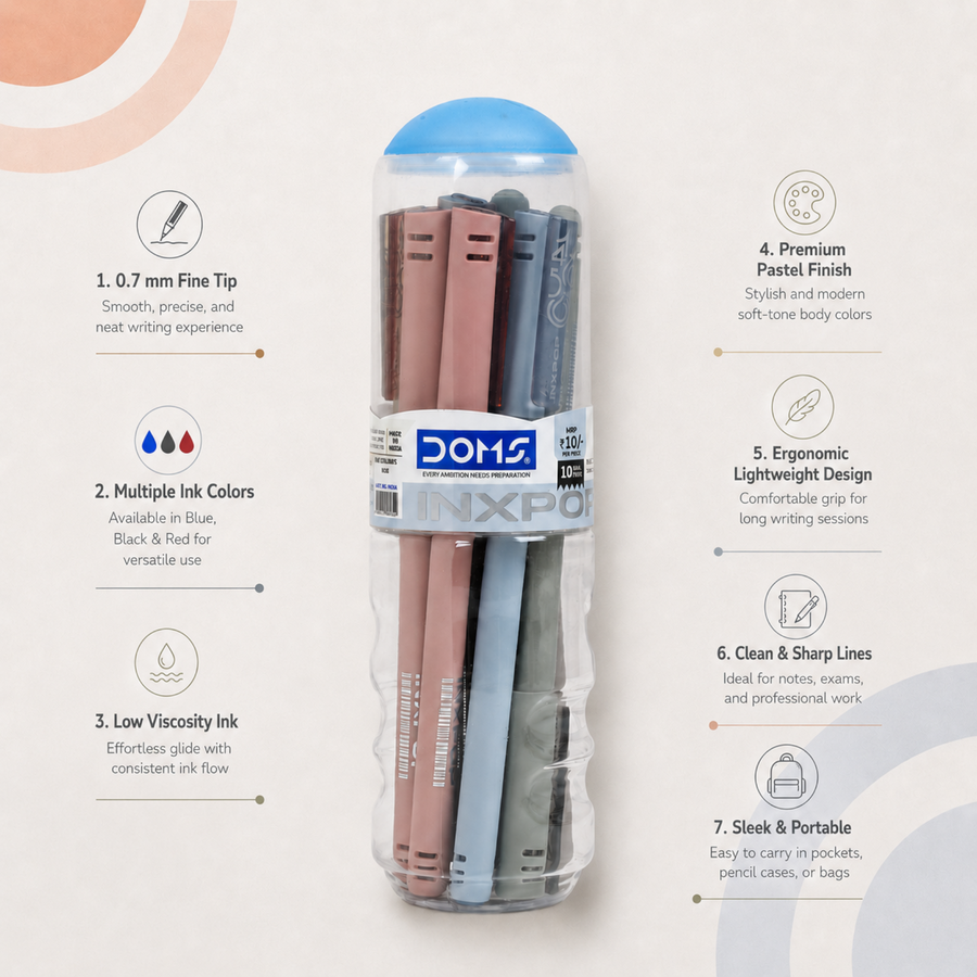 DOMS INXPOP Ball Pen Jar Pack of 10 0.7 mm Smooth Writing Pens | Blue, Black & Red Ink | Premium Pastel Pens in Capsule Bottle
