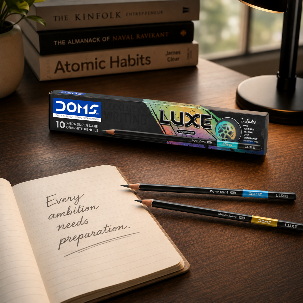 DOMS LUXE Graphite Pencils HB/2 – Pack of 10 | X-Tra Super Dark Pencils for Writing, Drawing & Sketching | Includes Eraser & Sharpener
