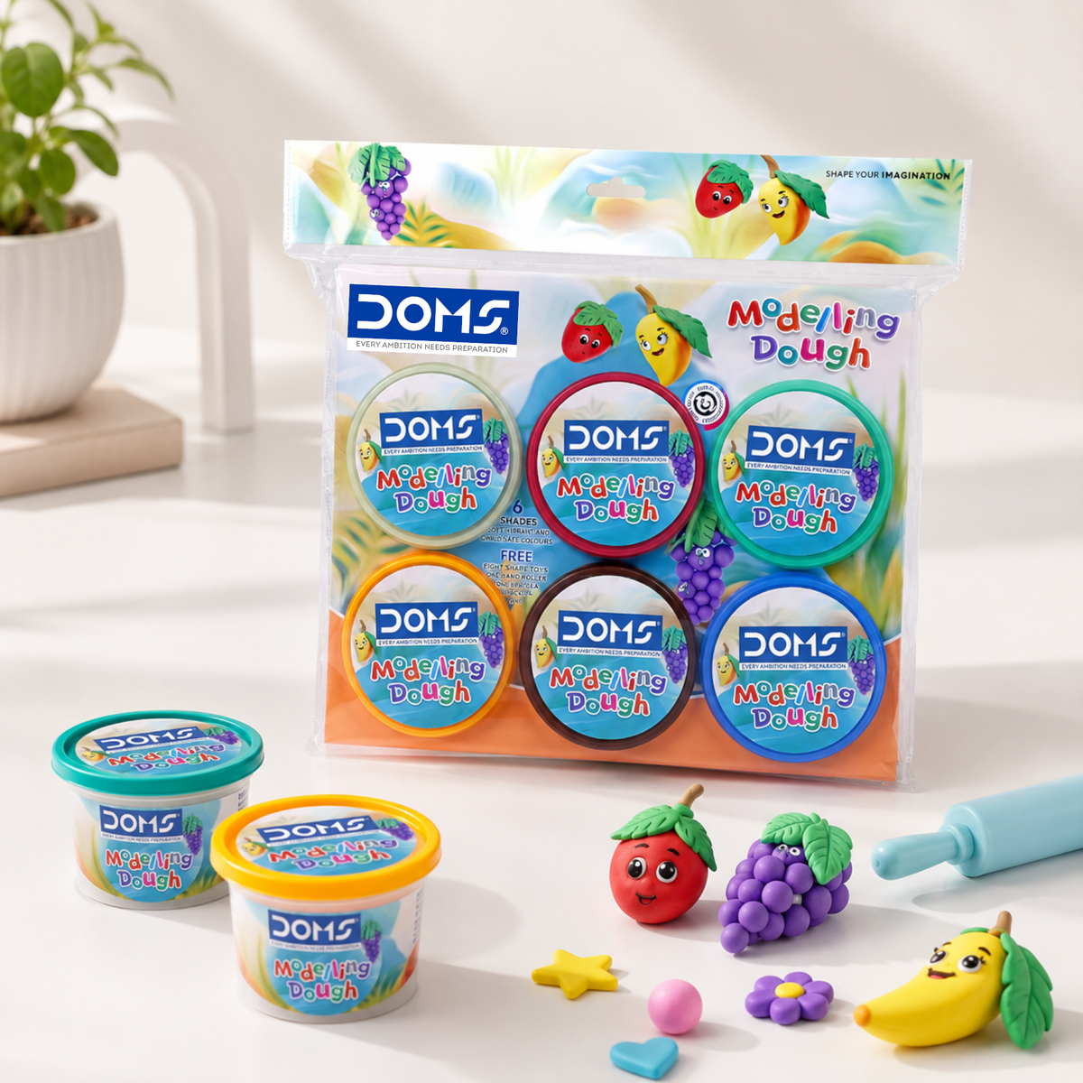 DOMS Modelling Dough 6 Shades (450g) with Tools | Soft Non-Toxic Kids Clay Set for Creative Play