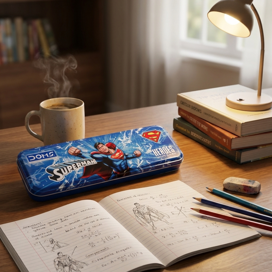 DOMS Superman Metal Tin Pencil Box | Car-Shaped Durable Kids Storage Case | Spacious & Travel-Friendly Pencil Case | Official licensed Merchandise