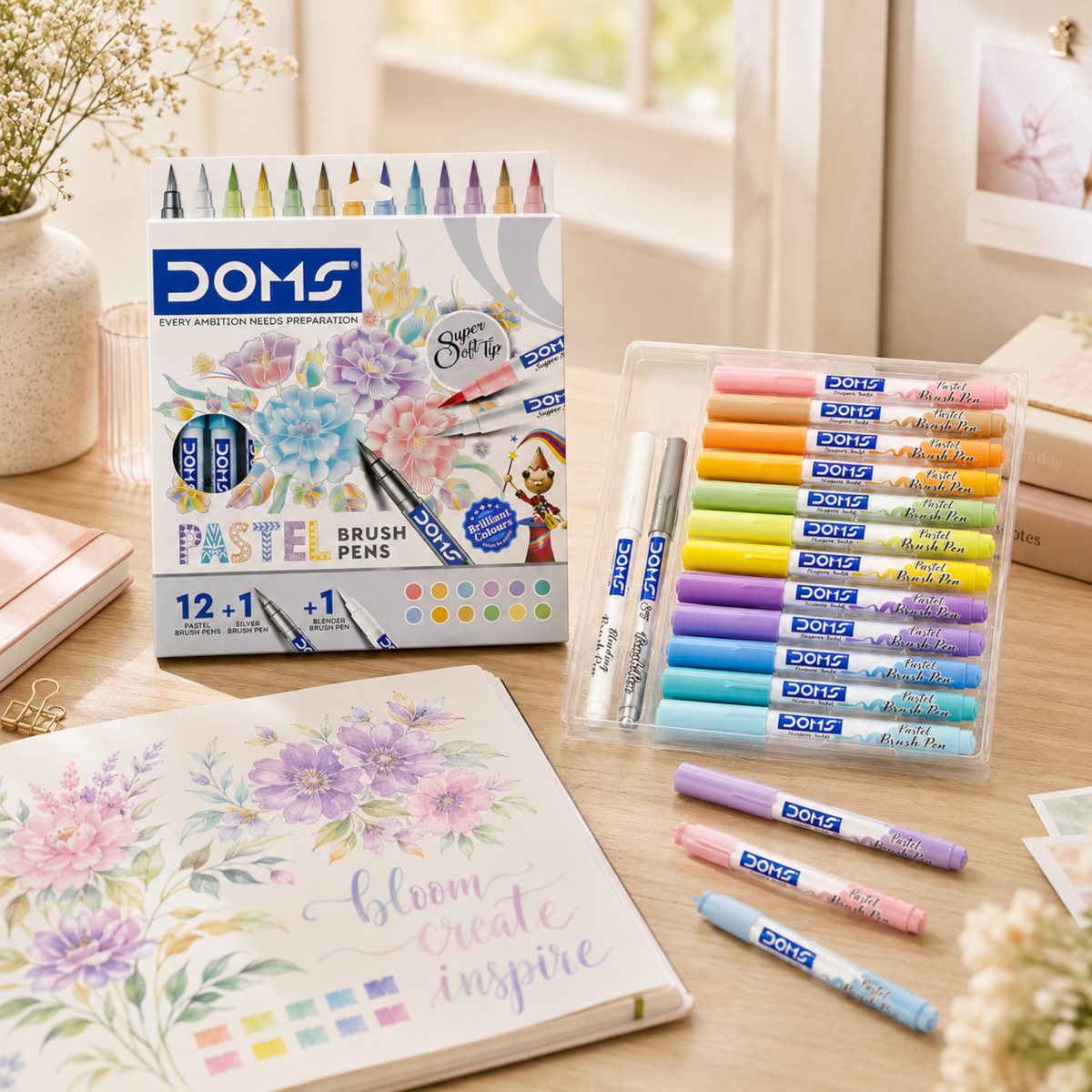 DOMS Pastel Brush Pen Set – Soft Color Flexible Tip Pens for Calligraphy, Journaling & Creative Art