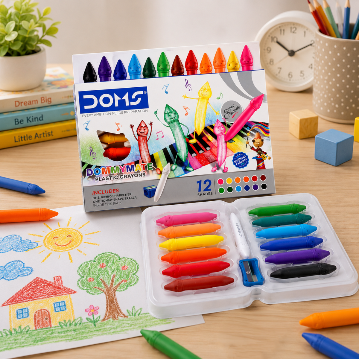 DOMS DOMMYMATE Plastic Crayons 12 Shades Set for Kids | Vibrant Non-Toxic Coloring Crayons | Smooth, Break-Resistant Art & Drawing Kit