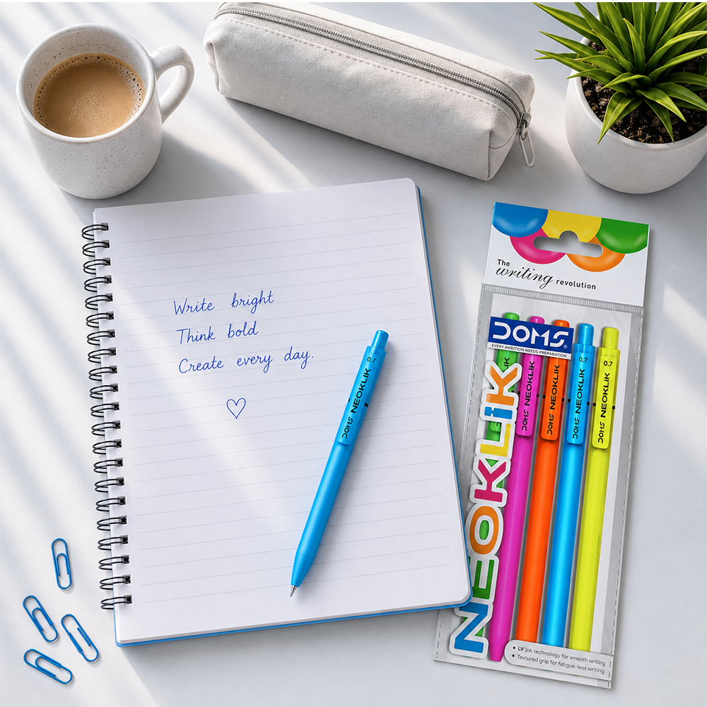 DOMS NEOKLIK Ball Pen 0.7 mm – Smooth Blue Ink Pens | Pack of 5 Multicolor Body Pens for School, Office & Daily Writing