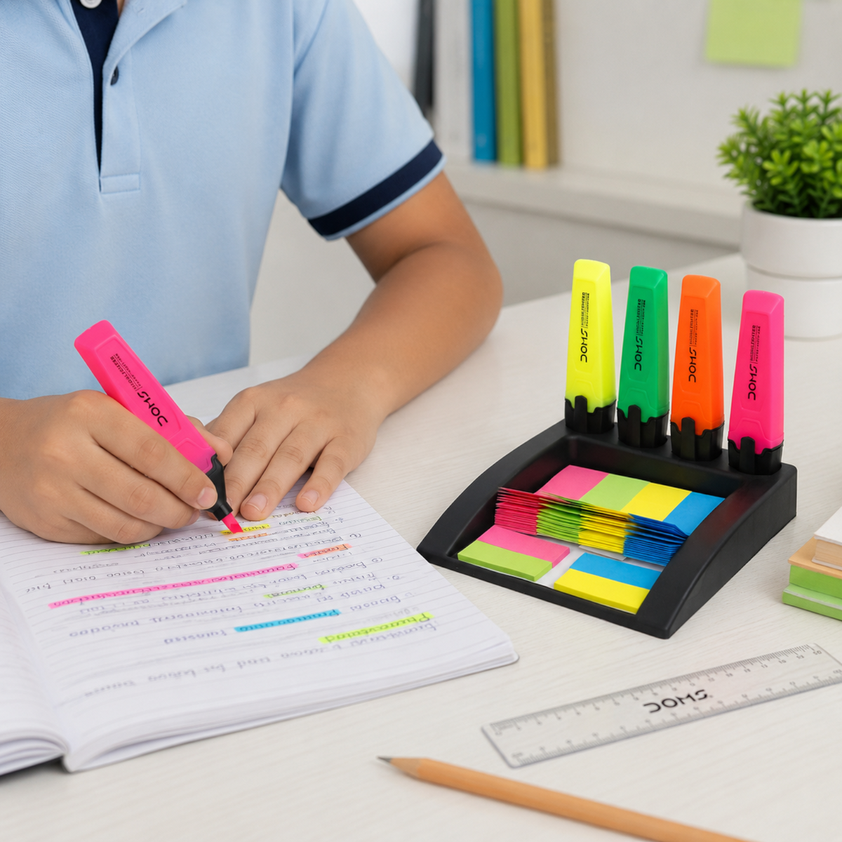 DOMS Deskmate 4 Assorted Highlighter Pens- 4 Pack Fluorescent Markers + Sticky Notes Desk Organizer Kit