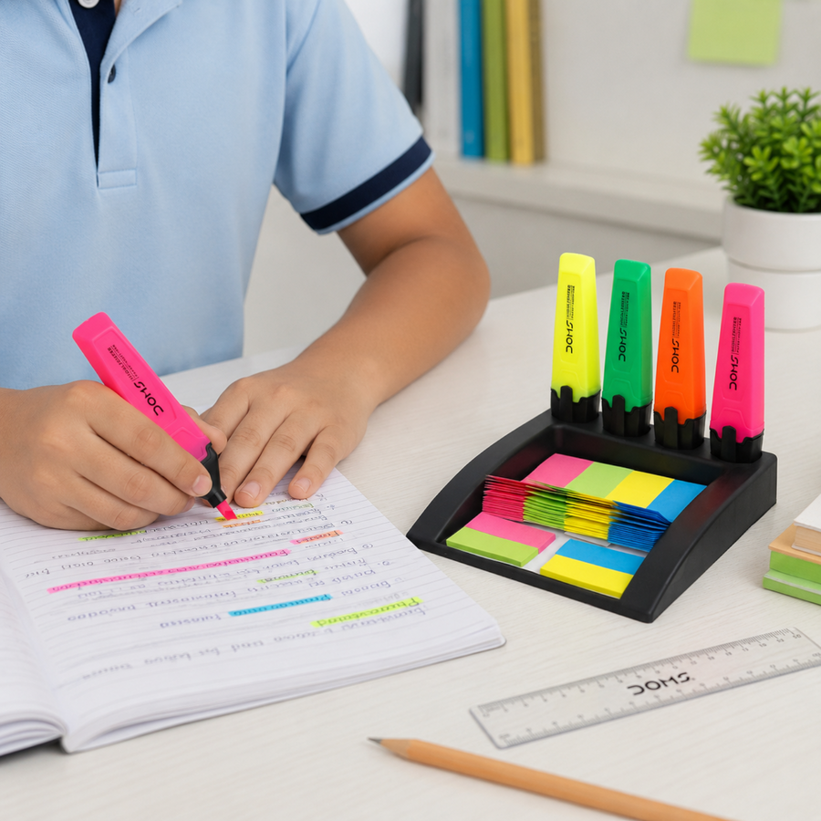 DOMS Deskmate 4 Assorted Highlighter Pens- 4 Pack Fluorescent Markers + Sticky Notes Desk Organizer Kit