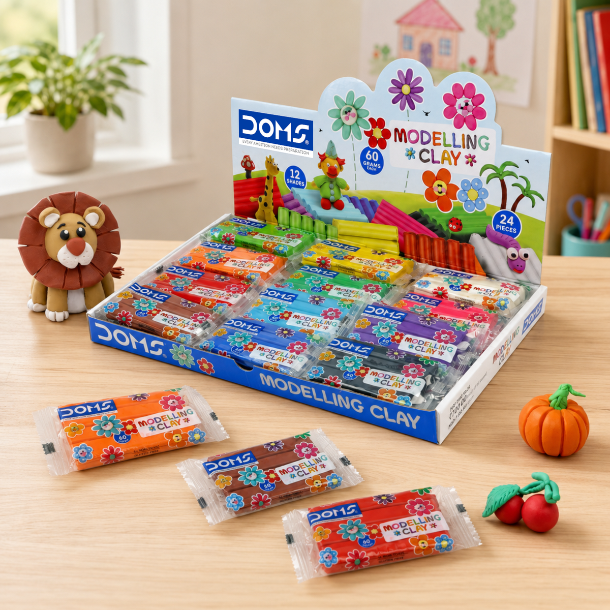 DOMS Modelling Clay Bar Set – 12 Shades, 24 Pieces (60g Each) | Soft Non-Sticky Clay for Kids Art & Craft