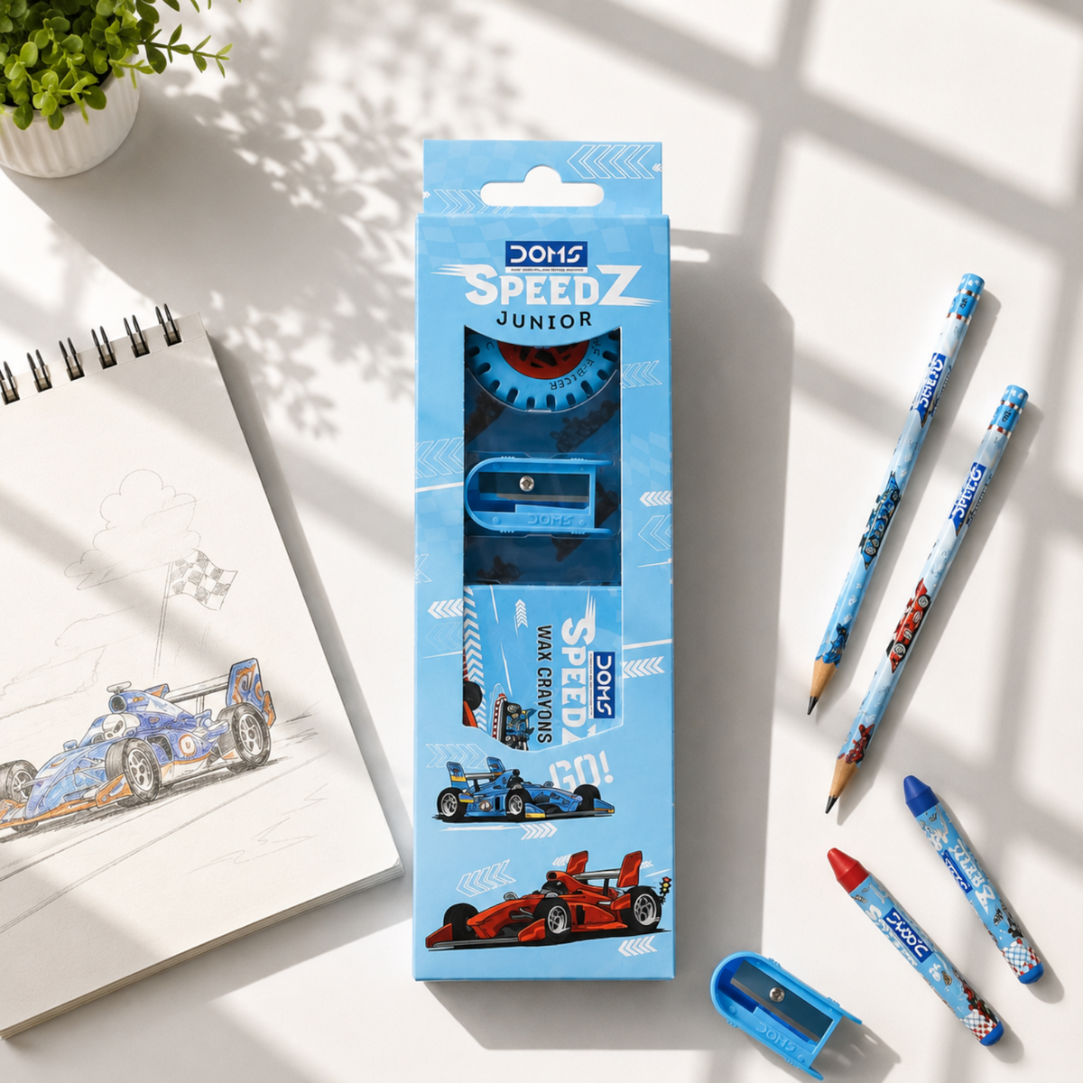 DOMS Speedz Kit – Kids Stationery Set with Pencil Box, Wax Crayons, Pencils, Eraser, Sharpener & Scale | Complete School Kit