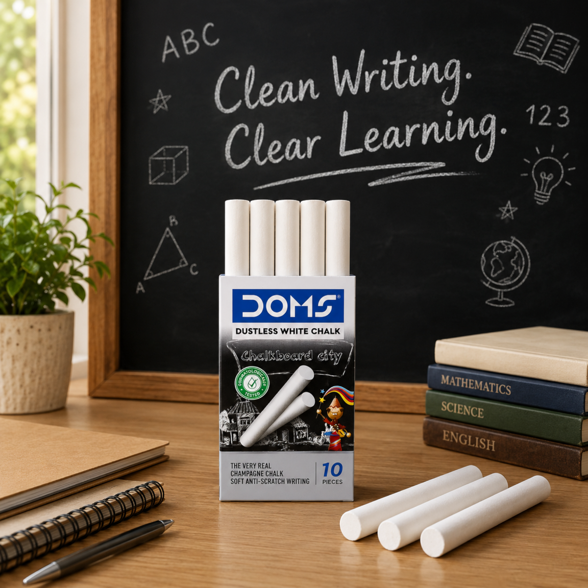 DOMS Dustless Chalk – 10 Pieces | Smooth Writing Anti-Dust Chalk Sticks | Classroom, School & Office Chalkboard Use