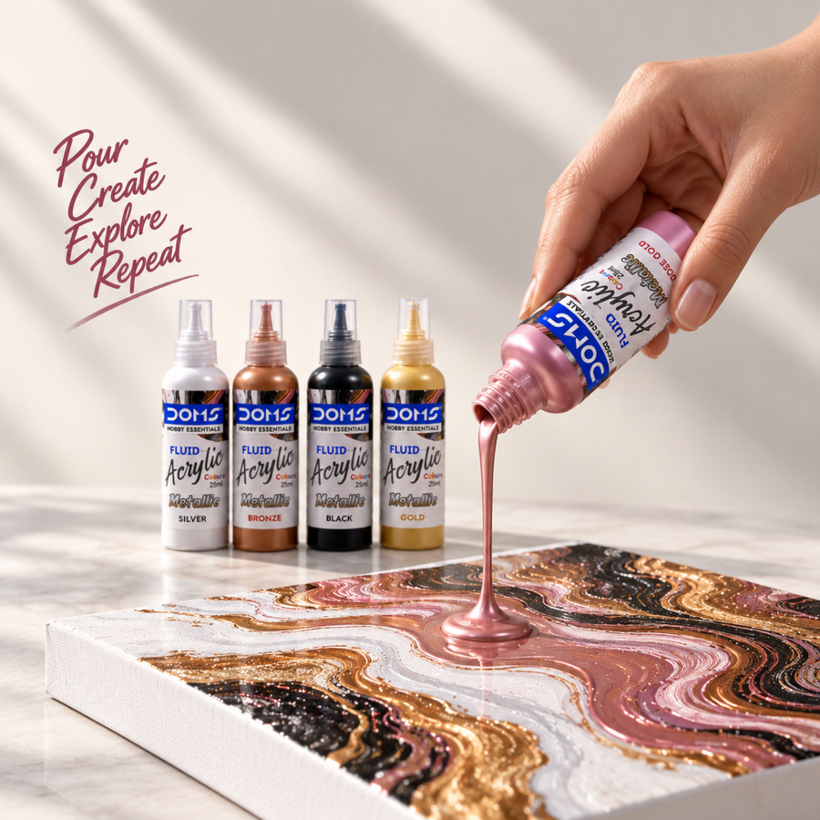 DOMS Hobby Essentials Metallic Fluid Acrylic Colours Kit 5 Assorted Shades, 25 ml Each | Ready-to-Pour Acrylic Paint Set with 2 Canvas Boards, Apron & Hand Gloves for Fluid Art & Pour Painting