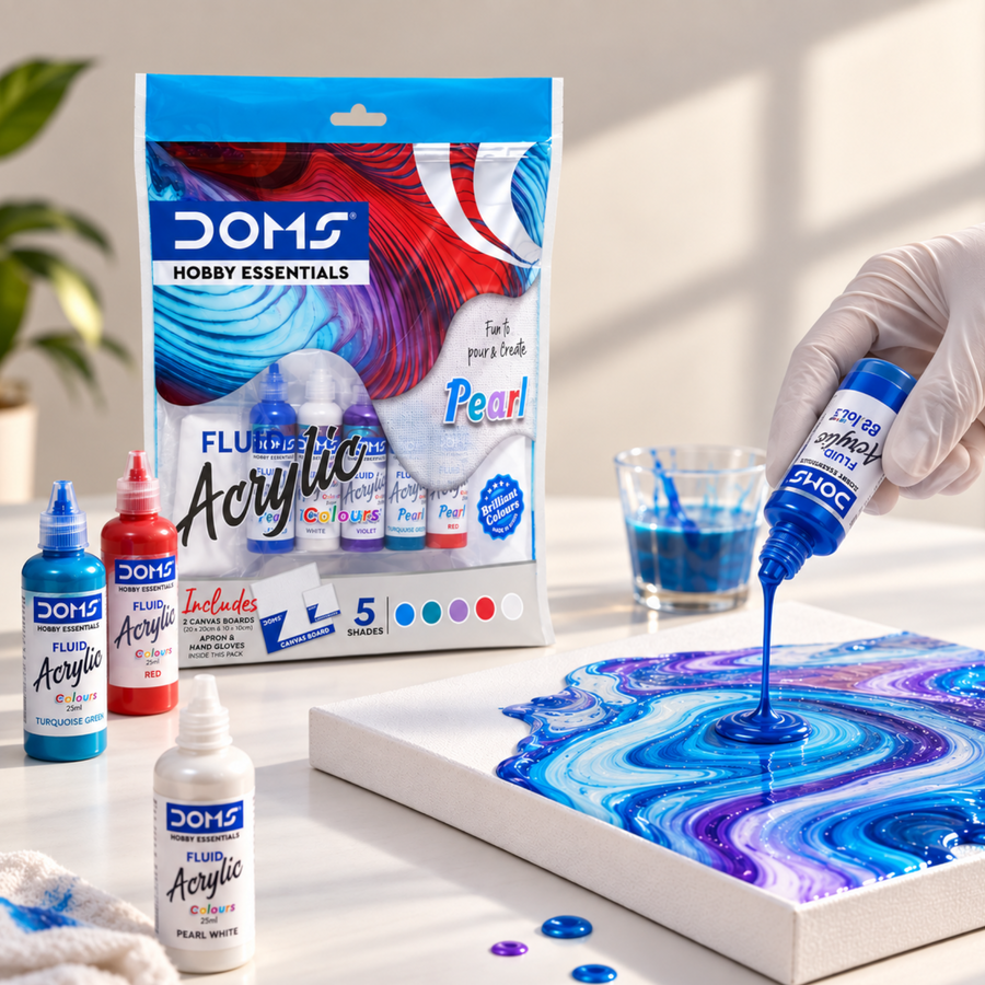 DOMS Hobby Essentials Pearl Fluid Acrylic Colours Kit 5 Assorted Shades, 25 ml Each | Ready-to-Pour Pearlescent Acrylic Paint Set with 2 Canvas Boards, Apron & Hand Gloves for Fluid Art, Pour Painting & DIY Crafts