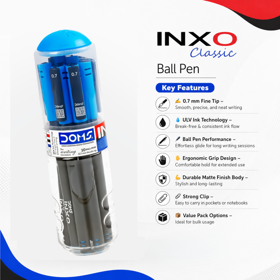 DOMS INXO Classic Ball Pen Jar Pack – 0.7mm Smooth Writing Pens | Jar of 10 pens | Available in Blue Ink Colour | Bulk Storage Bottle | ULV Ink Technology