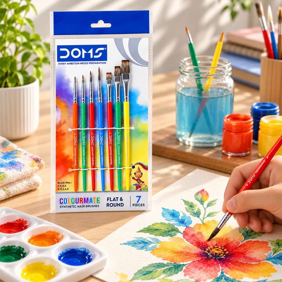 DOMS Colourmate Painting Brushes for School Art, Crafts & Hobby Painting | Synthetic Hair | Round, Flat & Combination Sets
