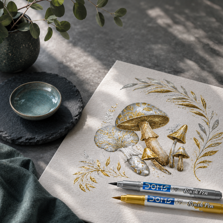 DOMS Metallic Brush Pens Silver & Gold | Dual Premium Metallic Calligraphy Pens for Art, Craft & Lettering