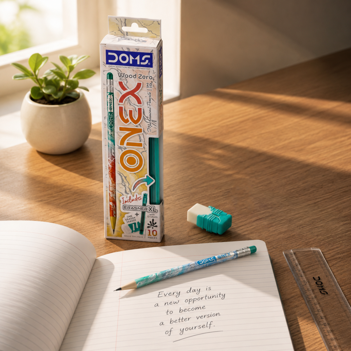 DOMS ONEX Wood Zero 2.0 mm Mechanical Pencil with Built-In Sharpener, Eraser & Refill Leads