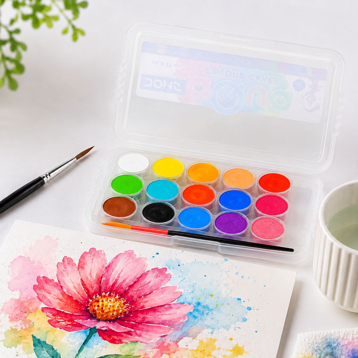 DOMS Aqua Water Color Cakes (15 mm) –  Vibrant Shades with Brush | Smooth & Washable Watercolour Set for Kids & Artists