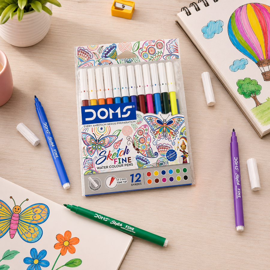 DOMS Sketch Fine Water Colour Pen – 12 Shades | Fine Tip Water-Based Colour Pens for Drawing & Sketching