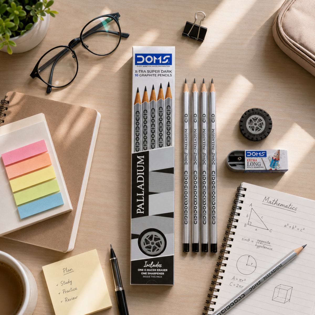 DOMS Palladium X-Tra Super Dark Graphite Pencils Pack of 10 with Eraser & Sharpener | Premium Writing & Drawing Pencils for School & Office Use